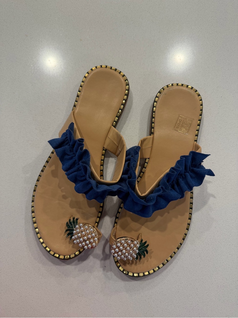 Women’s Tan Slide Sandals with Navy Ruffle and Pearl Pineapple Accent